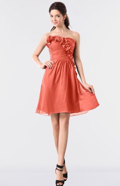 ColsBM Coraline Fusion Coral Plain A-line Strapless Sleeveless Chiffon Ruching Little Black Dresses