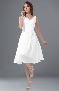 ColsBM Alexis White Simple A-line V-neck Zipper Knee Length Ruching Party Dresses