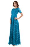 ColsBM Megan Cornflower Blue Gorgeous Column Scalloped Edge Short Sleeve Floor Length Lace Bridesmaid Dresses