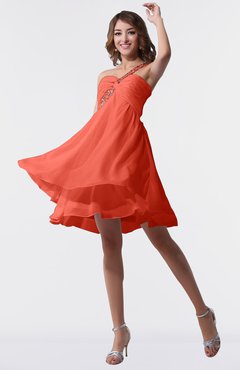 ColsBM Estelle Living Coral Modest A-line One Shoulder Criss-cross Straps Short Ruching Bridesmaid Dresses