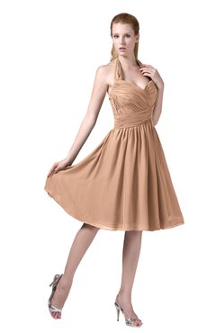 ColsBM Corinne Almost Apricot Modest Sleeveless Zip up Chiffon Knee Length Ruching Party Dresses