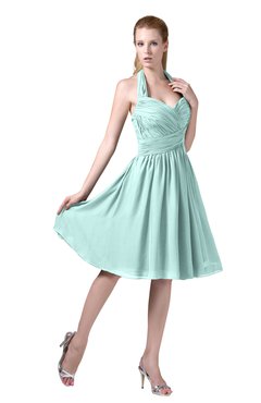 ColsBM Corinne Blue Glass Modest Sleeveless Zip up Chiffon Knee Length Ruching Party Dresses