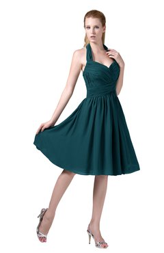ColsBM Corinne Blue Green Modest Sleeveless Zip up Chiffon Knee Length Ruching Party Dresses