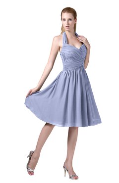 ColsBM Corinne Blue Heron Modest Sleeveless Zip up Chiffon Knee Length Ruching Party Dresses