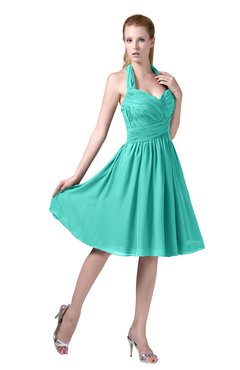 ColsBM Corinne Blue Turquoise Modest Sleeveless Zip up Chiffon Knee Length Ruching Party Dresses