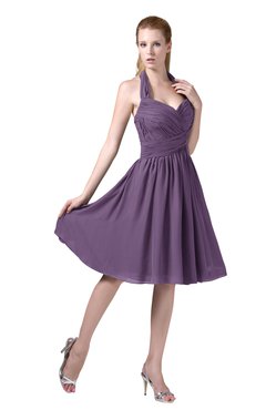 ColsBM Corinne Chinese Violet Modest Sleeveless Zip up Chiffon Knee Length Ruching Party Dresses