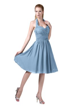 ColsBM Corinne Dusty Blue Modest Sleeveless Zip up Chiffon Knee Length Ruching Party Dresses