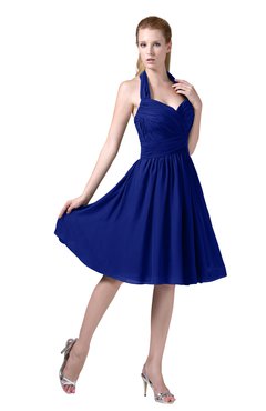 ColsBM Corinne Electric Blue Modest Sleeveless Zip up Chiffon Knee Length Ruching Party Dresses