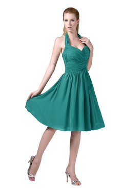 ColsBM Corinne Emerald Green Modest Sleeveless Zip up Chiffon Knee Length Ruching Party Dresses