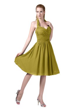 ColsBM Corinne Golden Olive Modest Sleeveless Zip up Chiffon Knee Length Ruching Party Dresses