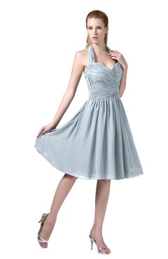 ColsBM Corinne Illusion Blue Modest Sleeveless Zip up Chiffon Knee Length Ruching Party Dresses