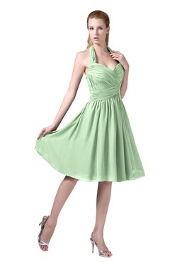 ColsBM Corinne Light Green Modest Sleeveless Zip up Chiffon Knee Length Ruching Party Dresses