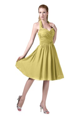 ColsBM Corinne Misted Yellow Modest Sleeveless Zip up Chiffon Knee Length Ruching Party Dresses