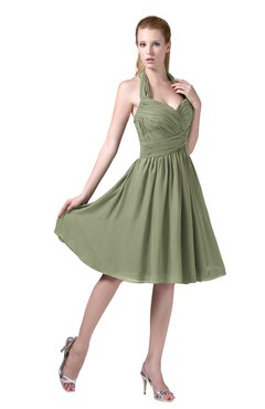 ColsBM Corinne Moss Green Modest Sleeveless Zip up Chiffon Knee Length Ruching Party Dresses