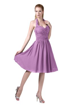 ColsBM Corinne Orchid Modest Sleeveless Zip up Chiffon Knee Length Ruching Party Dresses