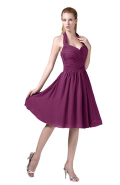 ColsBM Corinne Raspberry Modest Sleeveless Zip up Chiffon Knee Length Ruching Party Dresses