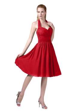 ColsBM Corinne Red Modest Sleeveless Zip up Chiffon Knee Length Ruching Party Dresses