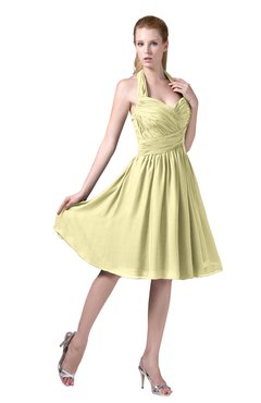 ColsBM Corinne Soft Yellow Modest Sleeveless Zip up Chiffon Knee Length Ruching Party Dresses