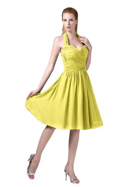 ColsBM Corinne Yellow Iris Modest Sleeveless Zip up Chiffon Knee Length Ruching Party Dresses