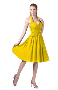 ColsBM Corinne Yellow Modest Sleeveless Zip up Chiffon Knee Length Ruching Party Dresses