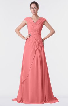 ColsBM Valerie Coral Antique A-line V-neck Lace up Chiffon Floor Length Evening Dresses