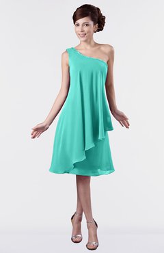 ColsBM Mallory Blue Turquoise Cute One Shoulder Zipper Knee Length Rhinestone Plus Size Bridesmaid Dresses
