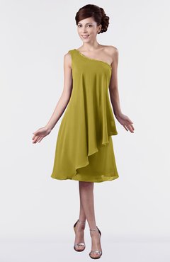 ColsBM Mallory Golden Olive Cute One Shoulder Zipper Knee Length Rhinestone Plus Size Bridesmaid Dresses