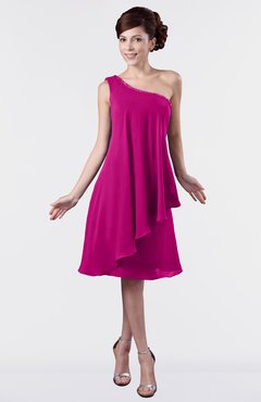 ColsBM Mallory Hot Pink Cute One Shoulder Zipper Knee Length Rhinestone Plus Size Bridesmaid Dresses