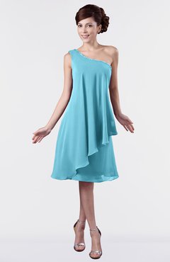 ColsBM Mallory Light Blue Cute One Shoulder Zipper Knee Length Rhinestone Plus Size Bridesmaid Dresses