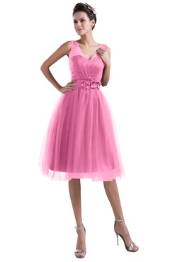 ColsBM Ashley Carnation Pink Plain Illusion Zipper Knee Length Flower Plus Size Bridesmaid Dresses