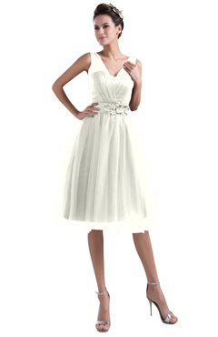 ColsBM Ashley Cream Plain Illusion Zipper Knee Length Flower Plus Size Bridesmaid Dresses