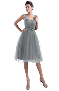 ColsBM Ashley Frost Grey Plain Illusion Zipper Knee Length Flower Plus Size Bridesmaid Dresses