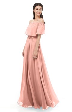 ColsBM Hana Peach Bridesmaid Dresses Romantic Short Sleeve Floor Length Pleated A-line Off The Shoulder