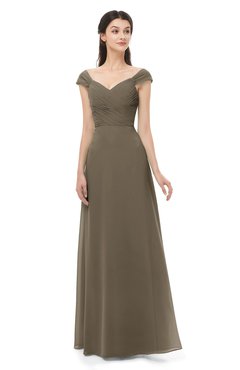 ColsBM Aspen Carafe Brown Bridesmaid Dresses Off The Shoulder Elegant Short Sleeve Floor Length A-line Ruching