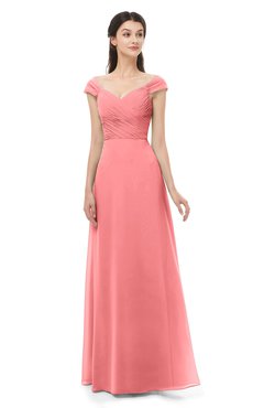 ColsBM Aspen Coral Bridesmaid Dresses Off The Shoulder Elegant Short Sleeve Floor Length A-line Ruching