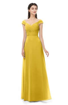 ColsBM Aspen Lemon Curry Bridesmaid Dresses Off The Shoulder Elegant Short Sleeve Floor Length A-line Ruching