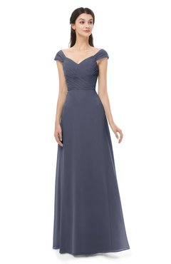 ColsBM Aspen Nightshadow Blue Bridesmaid Dresses Off The Shoulder Elegant Short Sleeve Floor Length A-line Ruching
