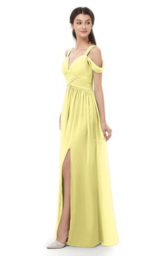 ColsBM Raven Pastel Yellow Bridesmaid Dresses Split-Front Modern Short Sleeve Floor Length Thick Straps A-line