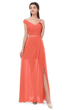 ColsBM Ariel Living Coral Bridesmaid Dresses A-line Short Sleeve Off The Shoulder Sash Sexy Floor Length