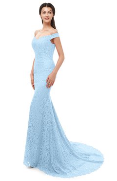 ColsBM Reese Ice Blue Bridesmaid Dresses Zip up Mermaid Sexy Off The Shoulder Lace Chapel Train