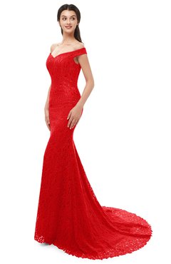 ColsBM Reese Red Bridesmaid Dresses Zip up Mermaid Sexy Off The Shoulder Lace Chapel Train