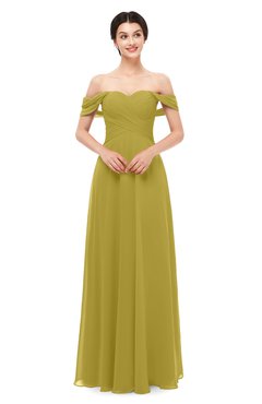 ColsBM Lydia Golden Olive Bridesmaid Dresses Sweetheart A-line Floor Length Modern Ruching Short Sleeve