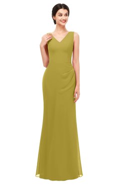 ColsBM Regina Golden Olive Bridesmaid Dresses Mature V-neck Sleeveless Buttons Zip up Floor Length