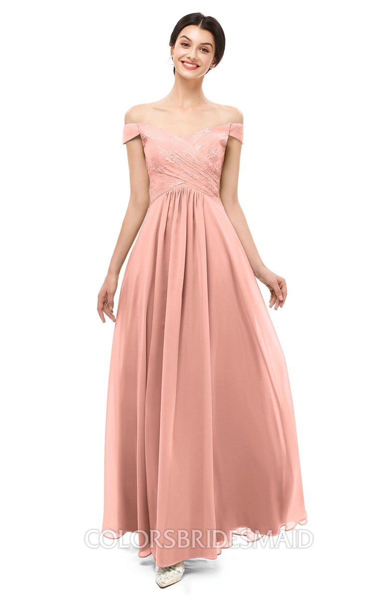 Elegant Peach Off Shoulder Chiffon Gown Bridesmaid Dress (C00090701) -  eDressit