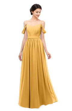 ColsBM Elwyn Golden Cream Bridesmaid Dresses Floor Length Pleated V-neck Romantic Backless A-line