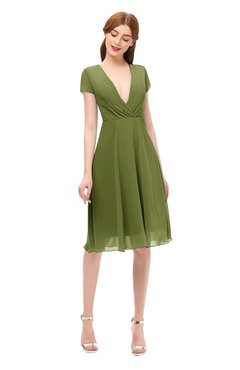 ColsBM Bailey Olive Green Bridesmaid Dresses V-neck Ruching A-line Zipper Knee Length Modern
