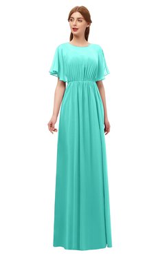 ColsBM Darcy Blue Turquoise Bridesmaid Dresses Pleated Modern Jewel Short Sleeve Lace up Floor Length