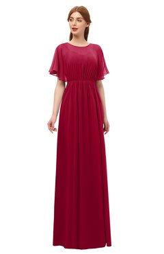 ColsBM Darcy Dark Red Bridesmaid Dresses Pleated Modern Jewel Short Sleeve Lace up Floor Length