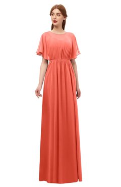 ColsBM Darcy Living Coral Bridesmaid Dresses Pleated Modern Jewel Short Sleeve Lace up Floor Length