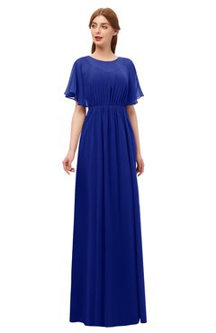 ColsBM Darcy Nautical Blue Bridesmaid Dresses Pleated Modern Jewel Short Sleeve Lace up Floor Length
